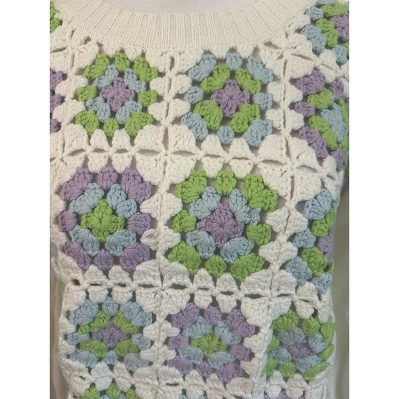 Design History Crochet Puff Sleeve Cotton Sweater Size large NWT Granny Square - Picture 8 of 10